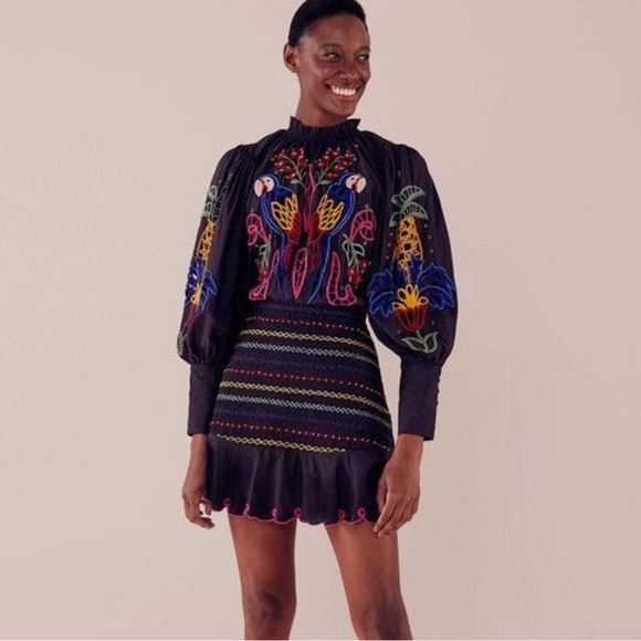 FarmRio Navy Tropical Tapestry Embroidered Mini Dress - Picture 5 of 5